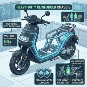 Illustration demonstrating the reinforced frame and high weight capacity of a 2 seater electric scooter for adults carrying two passengers safely.