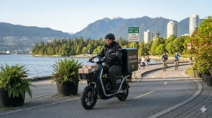 A photorealistic image of an electric cargo scooter for delivery traveling along a dedicated bike lane in Vancouver, British Columbia, with mountains and the ocean in the background.