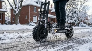 A rugged electric scooter navigating deep slush and road salt on a plowed Canadian winter street, demonstrating IPX6 water resistance.