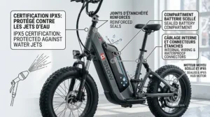 Infographic demonstrating the IPX5 waterproof rating of a rugged electric scooter that works in snow.