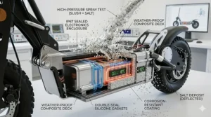 An exploded engineering illustration showing the high IP-rated waterproof sealing on an electric scooter engineered to withstand corrosive winter road salt and wet slush.