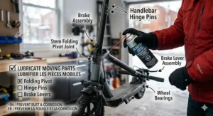 A detailed photograph showing a hand applying silicone sealant to vulnerable electronic ports and the display screen of the e-scooter, consistent with how to winterize electric scooter guides.