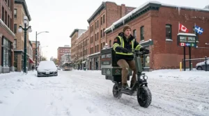 Illustration of a cargo electric scooter with winter tires navigating a slushy Canadian road for year-round business deliveries.