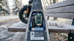 Step-by-step safety illustration demonstrating how to properly warm up and charge a cold weather electric scooter indoors during Canadian winter months.
