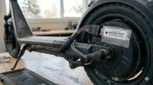 An electric scooter utilizing bright integrated LED lights during a dark afternoon winter commute in Canada, emphasizing rider visibility and safety.