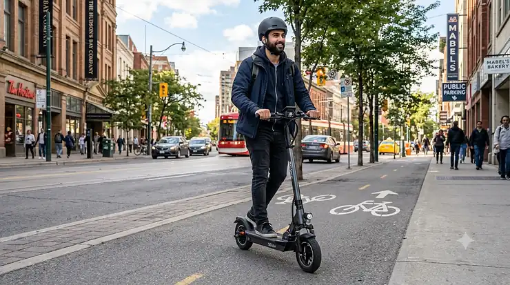 Person riding a 500w electric scooter on a paved Canadian bike lane. 500w electric scooter canada