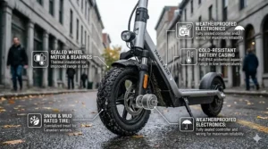 Close-up of rugged tires and sealed electronics for all-season use.