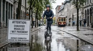 E-scooter rider navigating wet urban pavement in Canada.