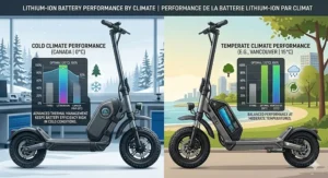 Diagram comparing lithium-ion battery performance across different climates.