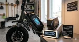 Illustration showing proper indoor storage for scooter batteries in winter.