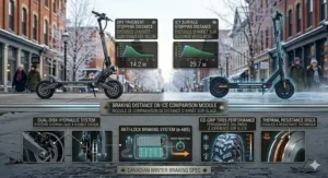 Visual comparison of stopping distances on dry pavement versus icy surfaces.