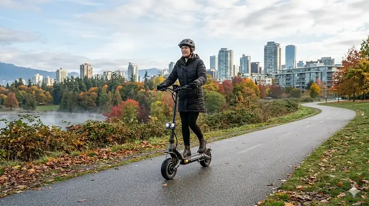 Person riding an electric scooter through a scenic Canadian autumn urban park. canadian climate electric scooter