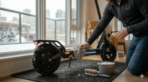 Wiping down an electric scooter to remove road salt and protect components in winter.