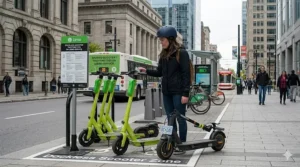 Shared electric scooter parked responsibly on a Canadian city sidewalk.