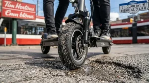 Close-up of durable tires on a 500w electric scooter for rough city roads.