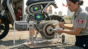 Rider with insulated water bottle on a heat resistant electric scooter in summer Canada. / Un conducteur avec une bouteille d'eau isotherme sur une trottinette électrique résistant à la chaleur lors d'un été au Canada.