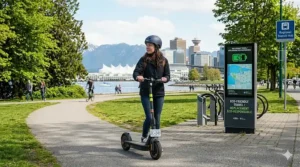 Sustainable electric scooter by a Canadian city park and transit hub.