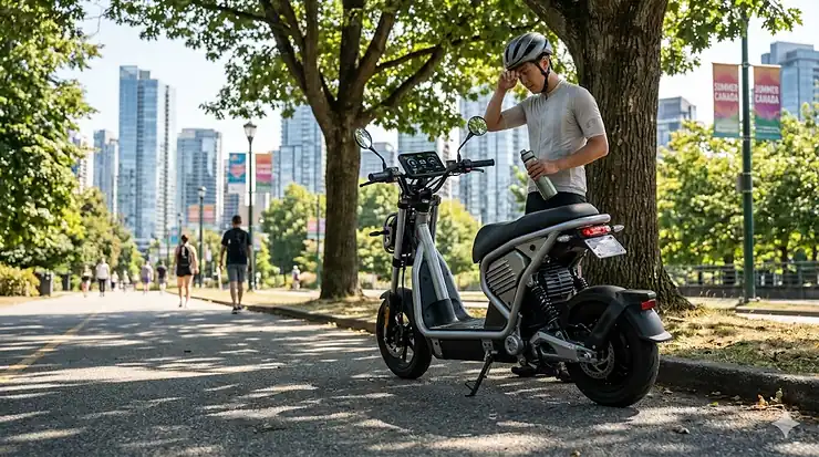 Electric scooter parked in shade for heat protection. / Trottinette électrique garée à l'ombre pour la protéger de la chaleur.