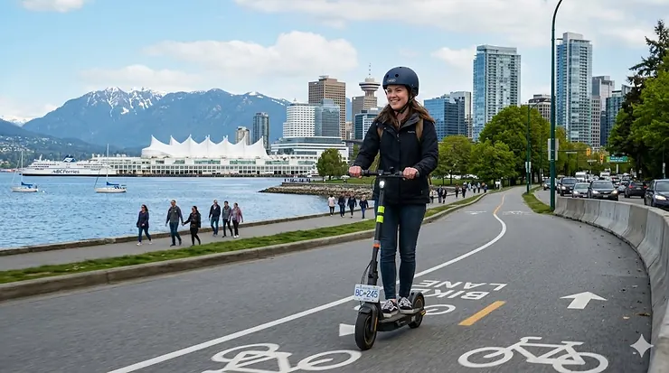Person riding an electric scooter by a Canadian city skyline in a bike lane.
