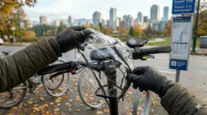 Mains gantées installant une protection transparente sur l'écran d'une trottinette.