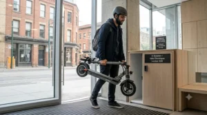 Lightweight 500w electric scooter folded for easy apartment storage.