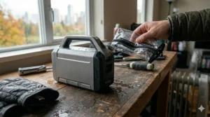 Retrait de la batterie d'une trottinette pour la charger dans un foyer canadien chaud.
