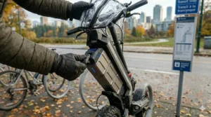 Main gantée libérant le loquet de la batterie d'une trottinette électrique robuste.