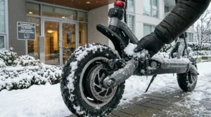 Gros plan sur une main gantée déneigeant la roue et le frein d'une trottinette.