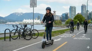 Commuter using an electric scooter by a Canadian city bike path.