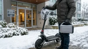 Utilisateur tenant une batterie de trottinette devant un appartement sous la neige.