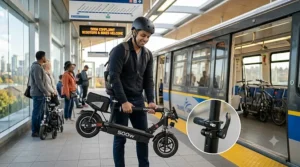 Rider wearing a helmet while riding a 500w e-scooter in Canada.