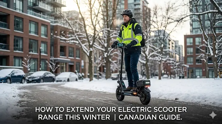 Person riding an electric scooter in a snowy Canadian city to extend range in winter. extend range electric scooter winter