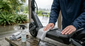 A close-up illustration of a water-resistant charging port cover being opened, ensuring protection from rain.