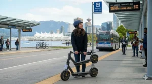 Compact electric scooter by a Canadian city bus station.