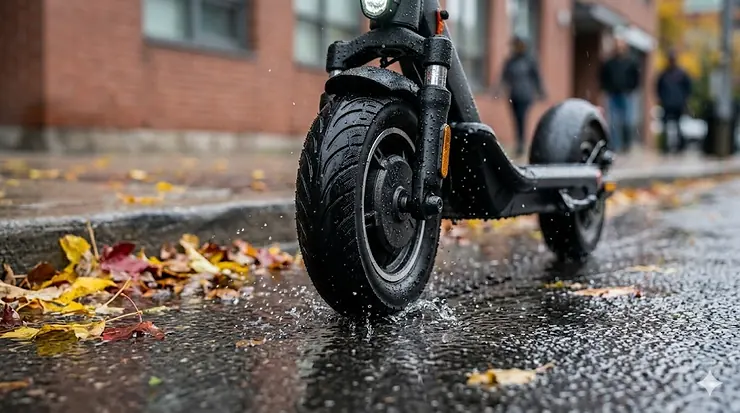 Sleek IPX5 rated electric scooter being ridden on a paved Canadian bike path during a light drizzle.