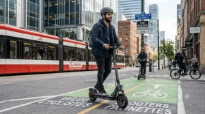 Charging a 500w electric scooter at a home power outlet.