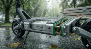 A water-resistant scooter display screen showing clear metrics despite rainy conditions in Vancouver.