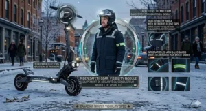Essential high-visibility reflective gear for winter evening scooter riding.