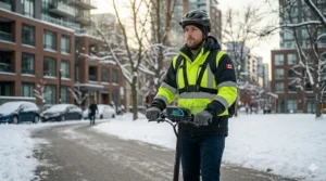 Rider wearing reflective gear and warm clothing for safe winter scooter commuting.