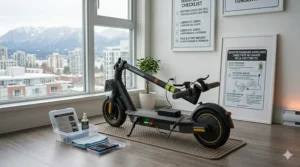 Charging an electric scooter safely in a Canadian city apartment.