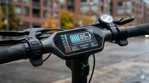 Digital dashboard of an IPX5 rated electric scooter displaying clear battery and speed metrics in crisp weather.