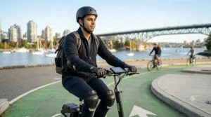 Electric scooter riding safely in a designated Canadian bike lane.