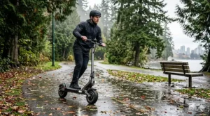 A compact IPX5 rated electric scooter stored neatly in a modern Canadian apartment entryway.