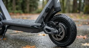 Close-up of water-resistant seals on a scooter, designed to withstand heavy Vancouver rain showers.