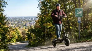 Wide deck electric scooter providing stability and comfort for larger riders.
