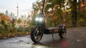 Person riding a 1000w electric scooter through a busy Canadian city.