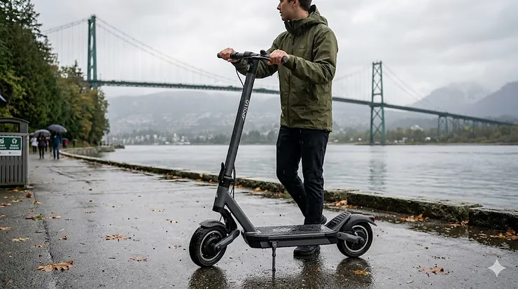 person riding a water-resistant scooter through a rainy Vancouver street, showcasing durability during wet Canadian weather. water resistant scooter for vancouver rain