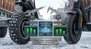 Close-up of tread patterns for better grip on icy or slushy Canadian roads.