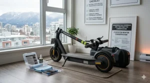 Storing an electric scooter safely indoors during a Canadian winter.
