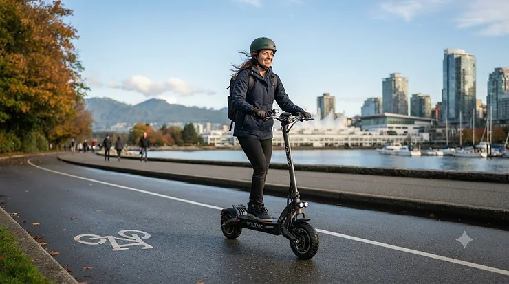 Person riding a 1500w electric scooter on a paved Canadian city bike lane. 1500w electric scooter canada